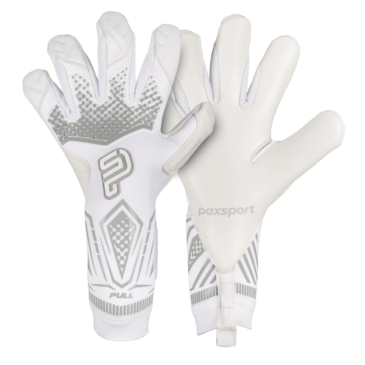 Paxsport REACT White goalkeeper gloves with Contact Grip latex and Hybrid Negative cut